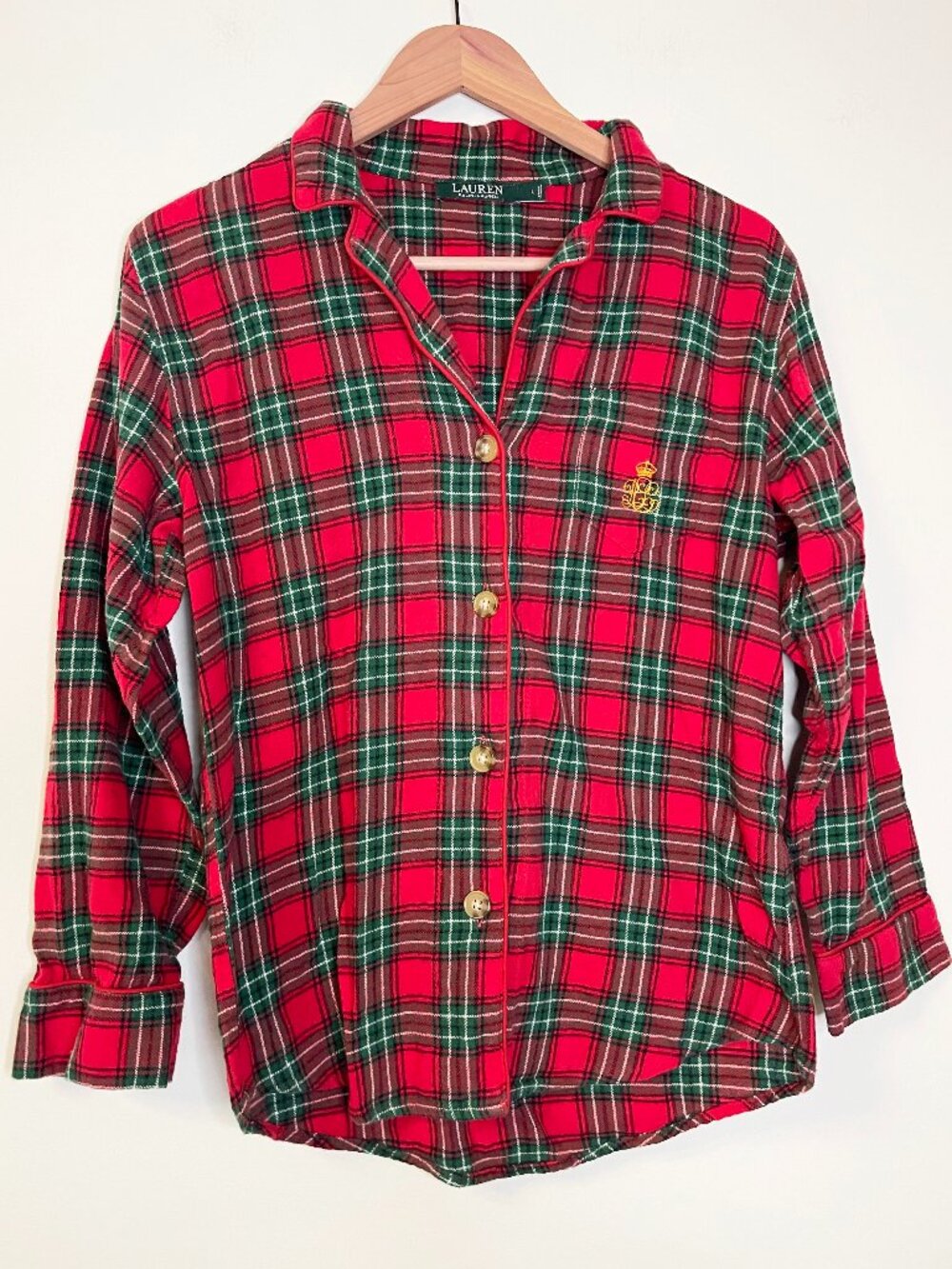 Lauren Ralph Lauren Red Green Plaid Flannel Sleep Top Pajama Shirt L Holiday